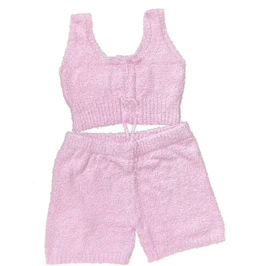 Cozy 2-Piece Lounge Set - Soft Plush Crop Top & High-Waist Shorts